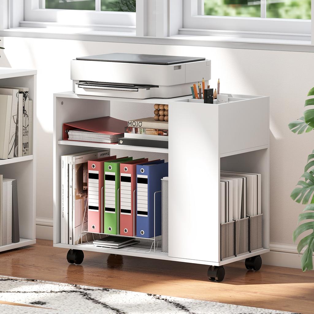 Printer Stand Printer Table with Divided Compartment, Shelves for Office, 70 X 34 X 60 Cm, White