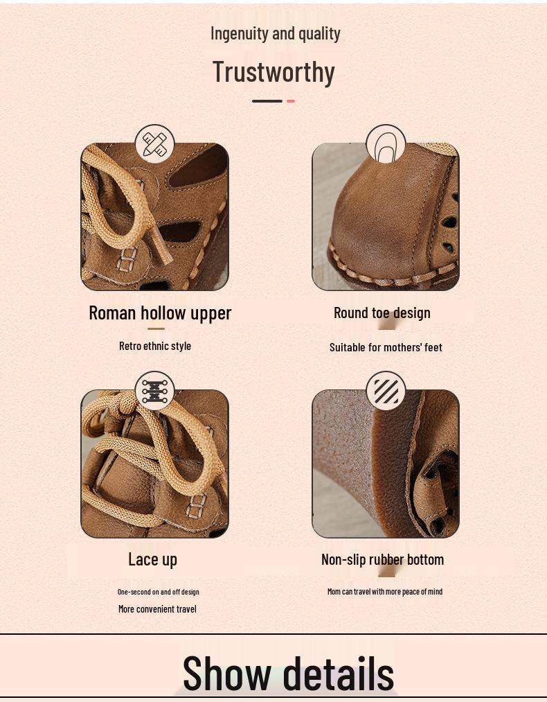 Top Layer Cowhide Wedge Heel Sandals - Soft Sole, Genuine Leather, Comfortable for Middle-Aged & Elderly Women.