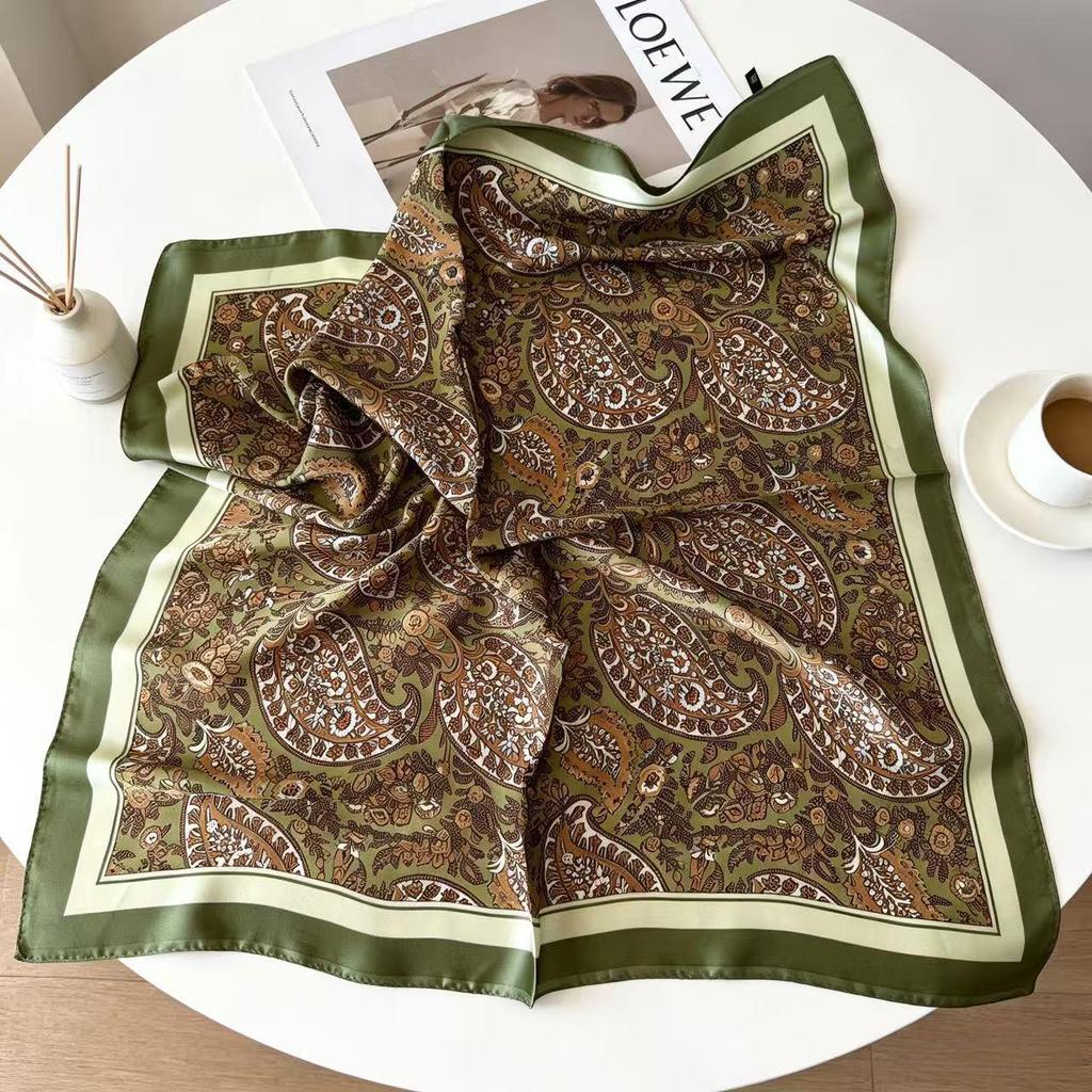 Elegant Women's Silk Scarf: Small, Imitation Silk, Spring & Autumn Neck Warmer, Japanese Style, Square Design.