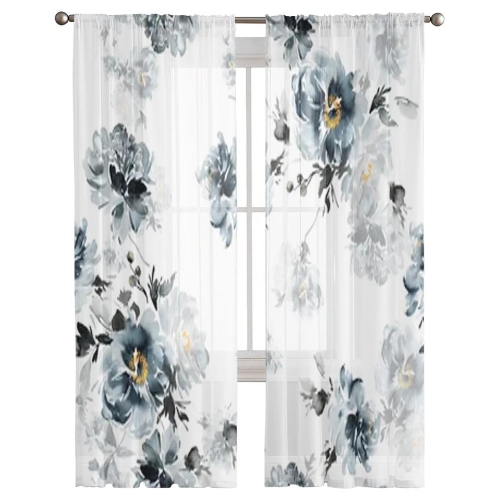 Tende trasparenti con fiori ad acquerello estivi, tende in voile per camera da letto, tende trasparenti per finestre del soggiorno, tende in tulle per cucina