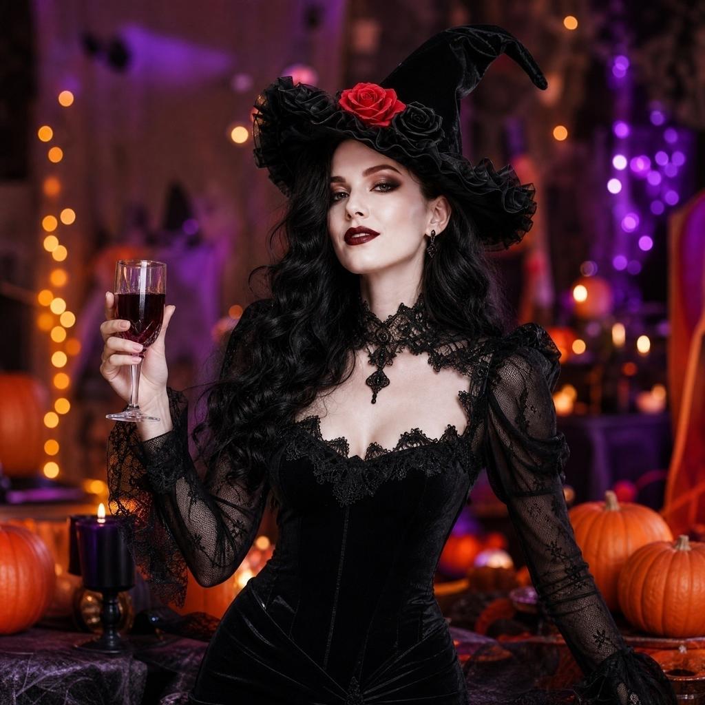 Halloween Witch Hat with Lace Trim and Rose