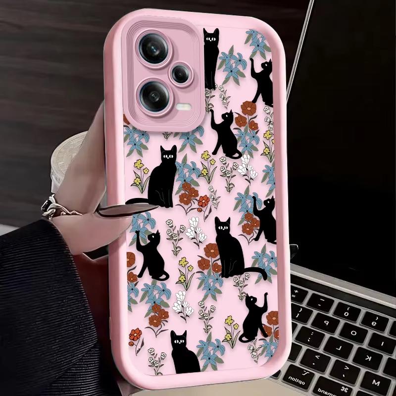 Black Cat Flower Artistic Phone Case For Redmi Note 13 12 Pro Plus 5G 13 12 Pro 4G 5G 11 10 Pro 12S 5G 11S 10S Redmi 13C 12 5G