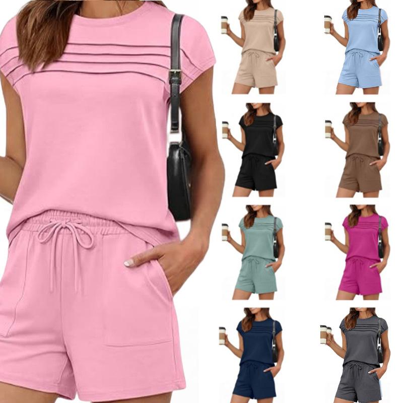 Women's Round Neck Short Sleeve Loose Fit Pleated Solid Color 2 Piece Loungewear Set Drawstring Waist Casual Shorts Daily Sleepwear Outfit
