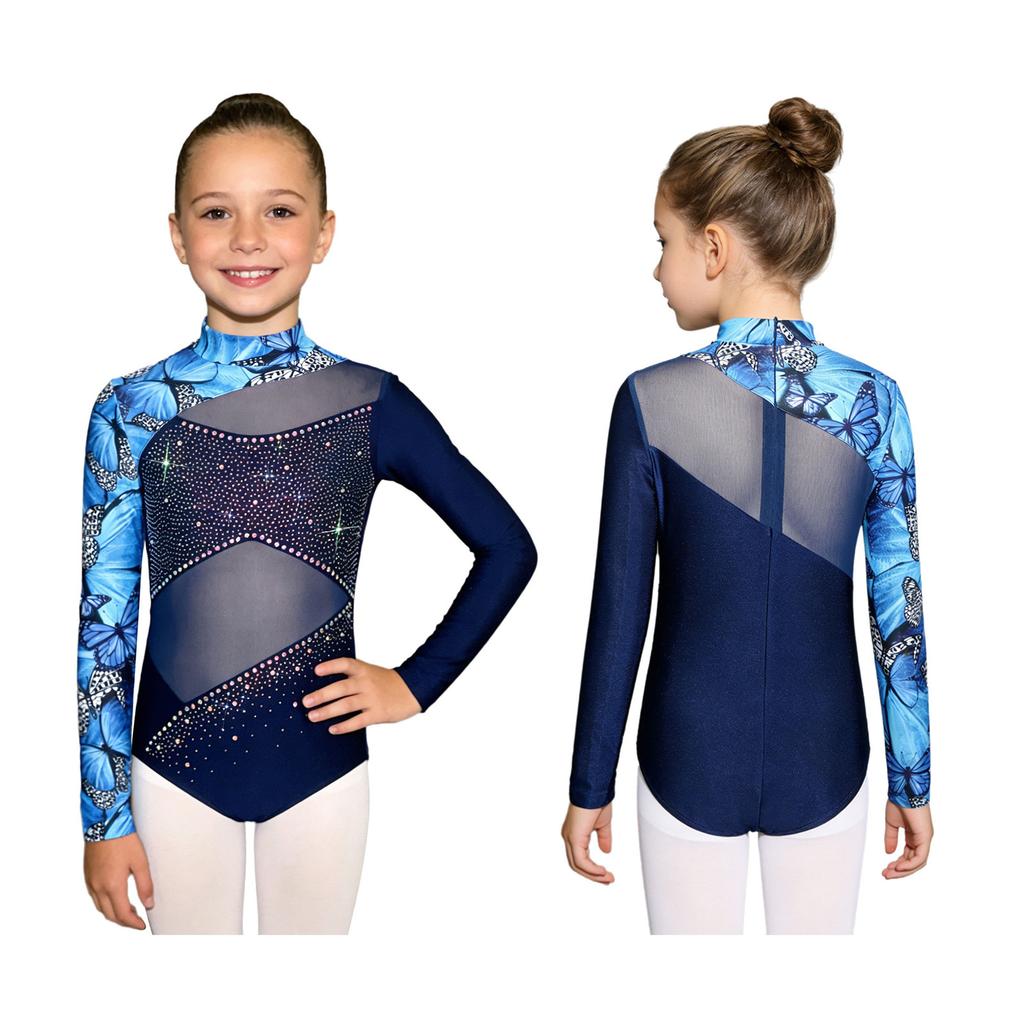 Kids Girls Performance Leotard: Long Sleeve Mock Neck with Mesh Patchwork & Butterfly Print Rhinestone Bodysuit Back Zipper