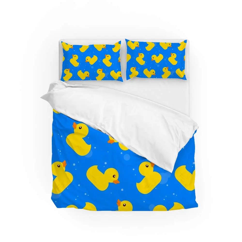 Carton Yelow Duck King Quen Soft Duvet Cover Farm Lovely Animal Beding Set Blue Buble Comfortable Quilt Cover Soft Polyester Warm Comforter Cover