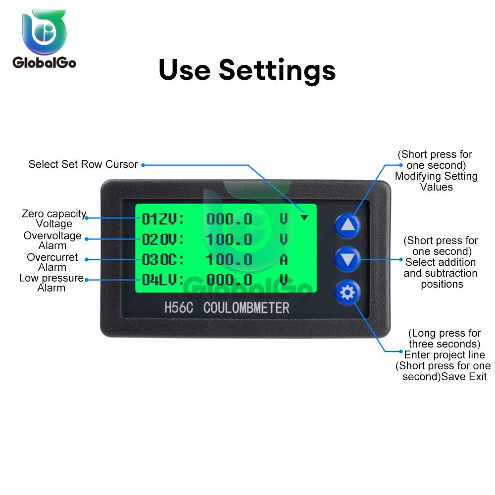H56CH Hall Coulomb Meter Ammeter Voltmeter 9-100V 400A LED Voltage Current Tester Capacity Indicator Battery Monitor