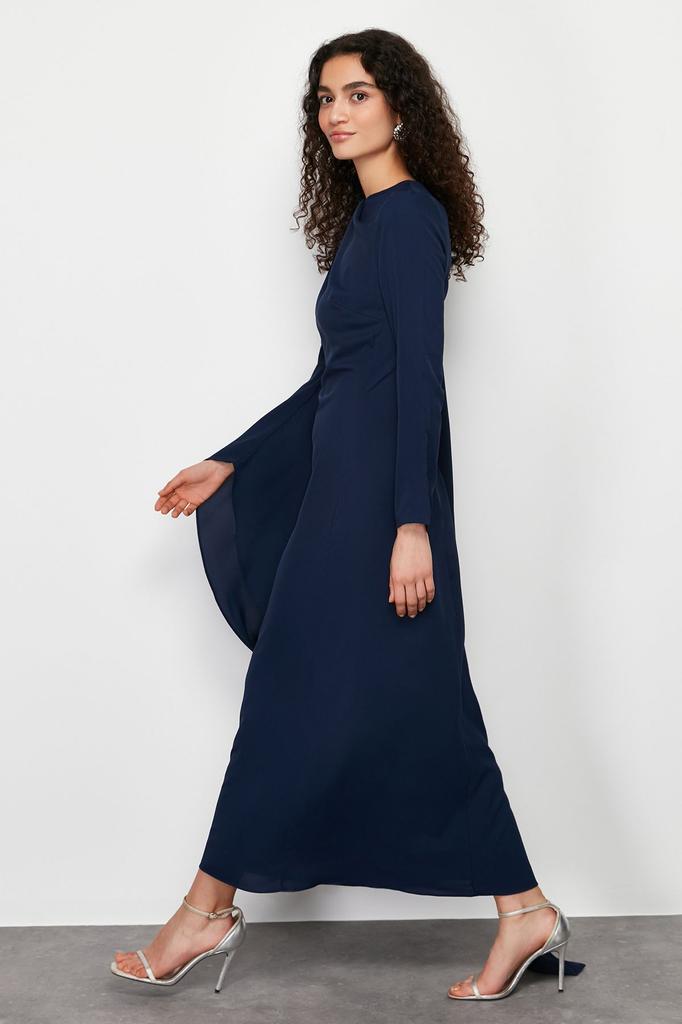 Women's Fashion Navy Blue Shawl Detailed Evening Dress Unlined Dress