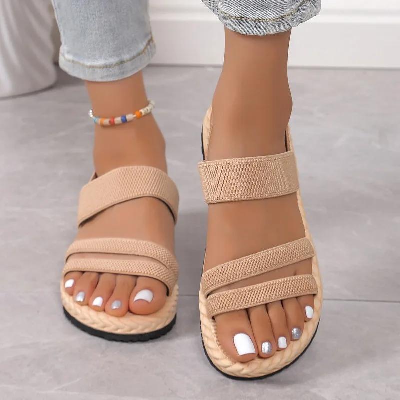 Ladies Shoes 2025 Open Toe Women's Sandals Summer Elastic Band Casual New Plus Size Concise Best Seller Flat Sandals