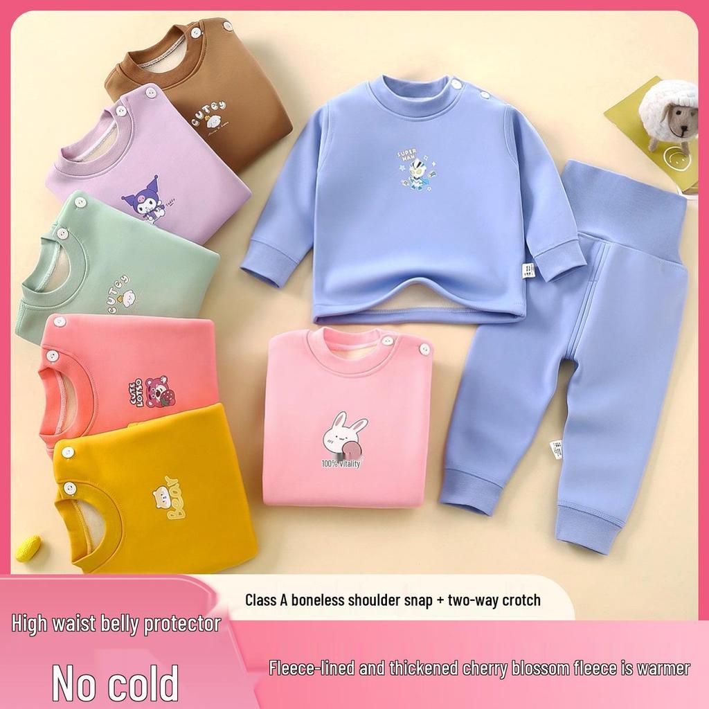Children's Velvet Sakura Pajama Set: High-Waist, Fleece-Lined, Warm Autumn/Winter Wear for Boys and Girls