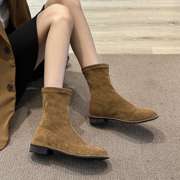 Bottes d'hiver Automne et Hiver Noir Stretch Mode Élégantes Bottes Talon Bas Plates Bottines Femmes Daim Confortables Rétro Chaussures pour Femmes