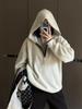 Women's Wool Knit Color Block Half-Zip Hoodie Sweater - Loose Fit, Ribbed Hem, Autumn/Winter Style.