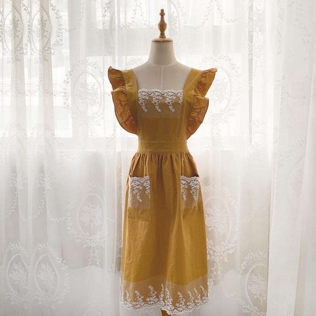 Washed Cotton Linen Lace Aprons Cooking Kitchen Aprons Flower Shop Garden Ruffles Work Clean Apron for Woman Overalls Dress