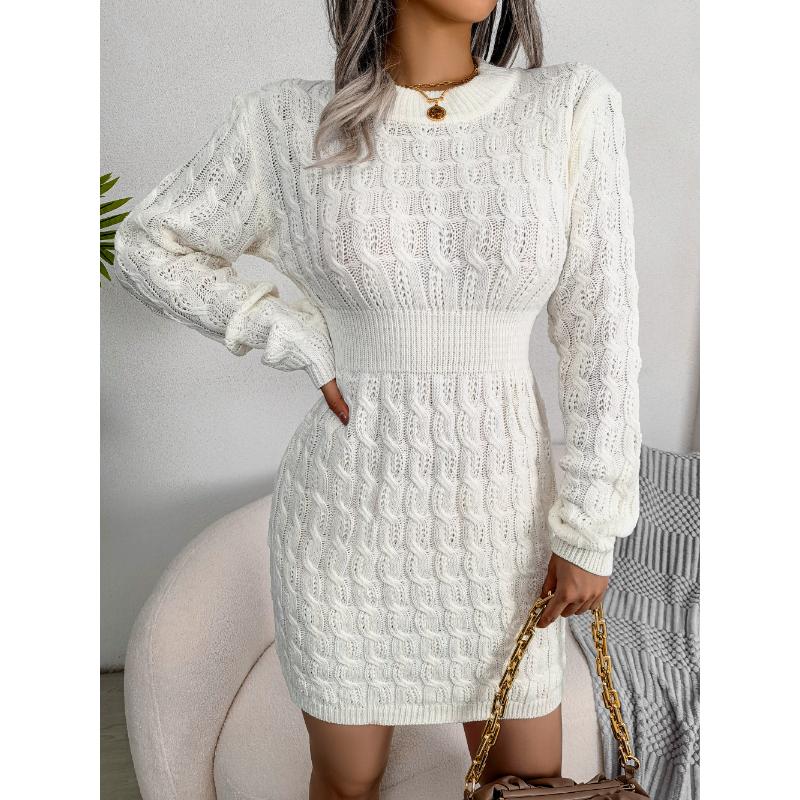 

2026 New Autumn Winter Waist Belted Cable Knit Sweater Dress, Figure Hugging Bodycon Pullover Dress for Casual & Home Wear M білий