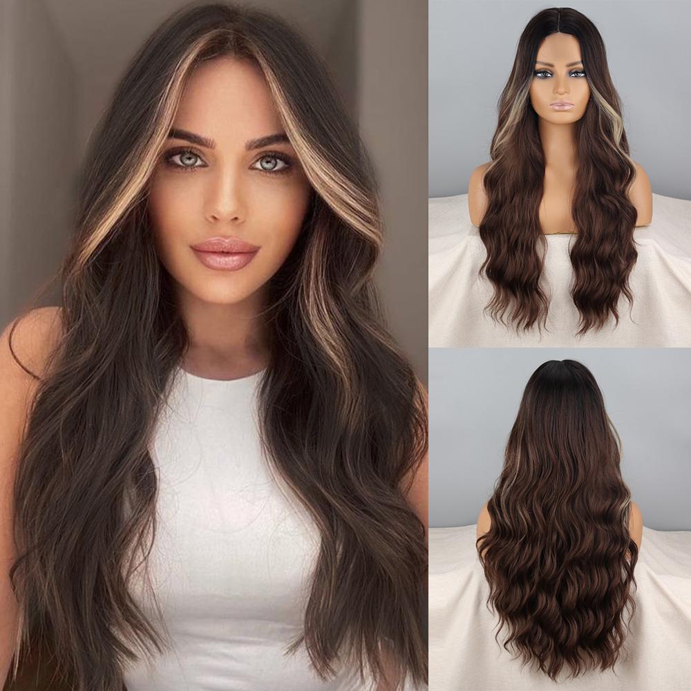 LISI HAIR Women Long Wavy Natural Black Lace Front Wig Without Bangs Synthetic Fiber Water Wave Daily Wear Cosplay Wig