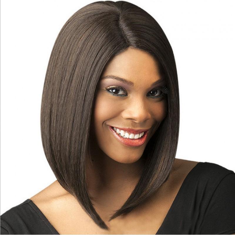 Womens Black Short Straight Bob Wig With Center Part Long Bangs Synthetic Hair Cap