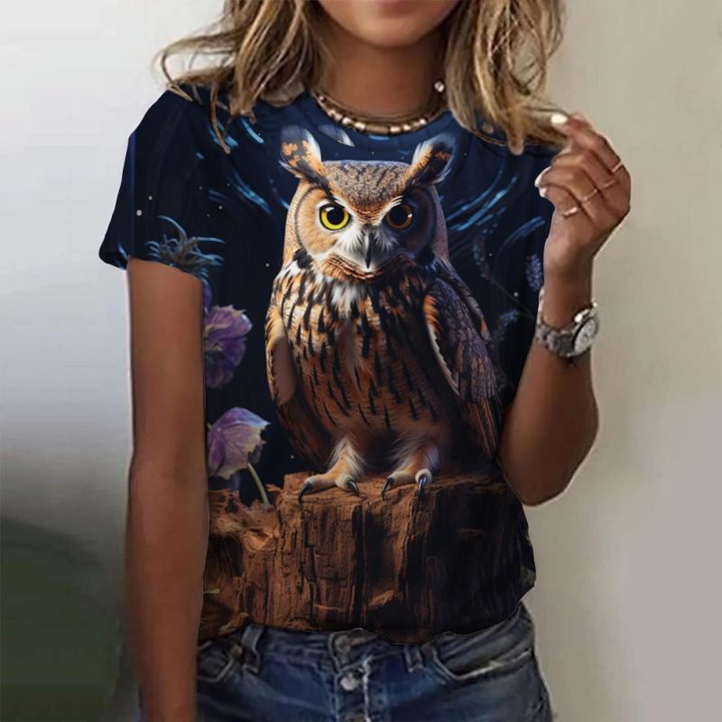 Colorful owl pattern women's T-shirt fun animal 3D printing short sleeved summer loose T-shirt round neck top T-shirt street wear