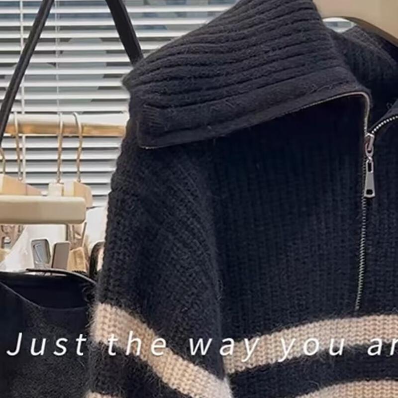 

Firstview Women s Striped High-Neck Long Sleeve Knit Sweater One Size