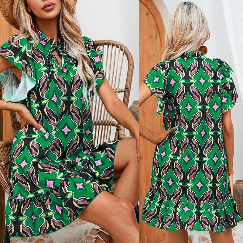 

Женское богемное вечернее платье с оборками, летнее мини-платье с высокой талией и цветочным принтом, рукавами-лепестками, женские элегантные пляжные платья, Vestidos XXL зелёный