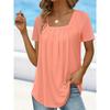 Women Square Neck Short Sleeve Blouse With Pleated Front And Curved Hem Casual Multi Color Summer Top