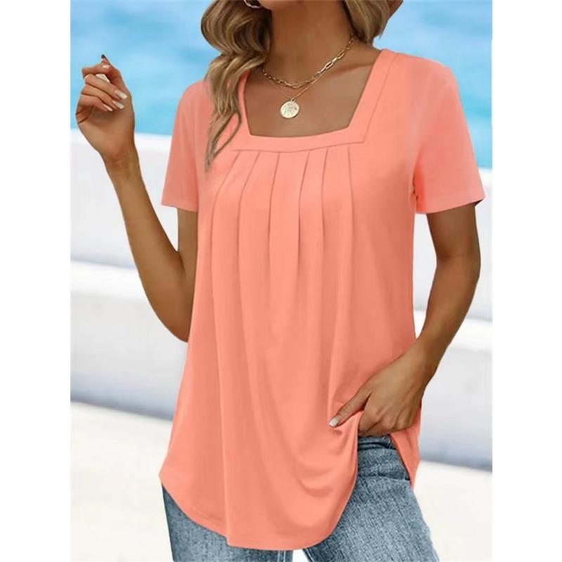 Women Square Neck Short Sleeve Blouse With Pleated Front And Curved Hem Casual Multi Color Summer Top