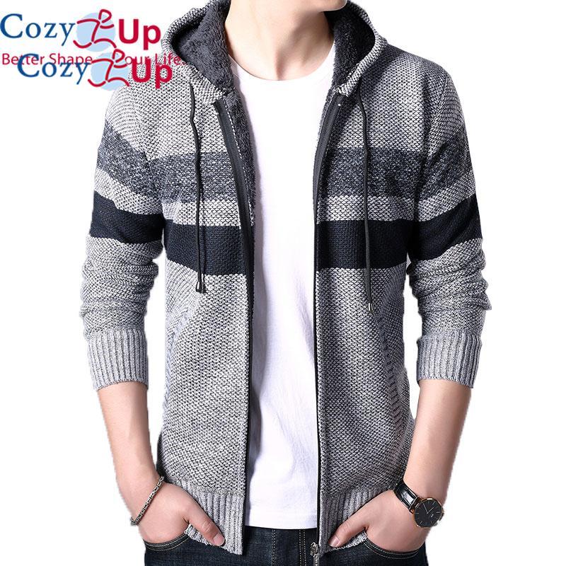 Cozy Up Men's Knitwear with Plush Thickened Zipper Hooded Jacket Loose Casual Cardigan