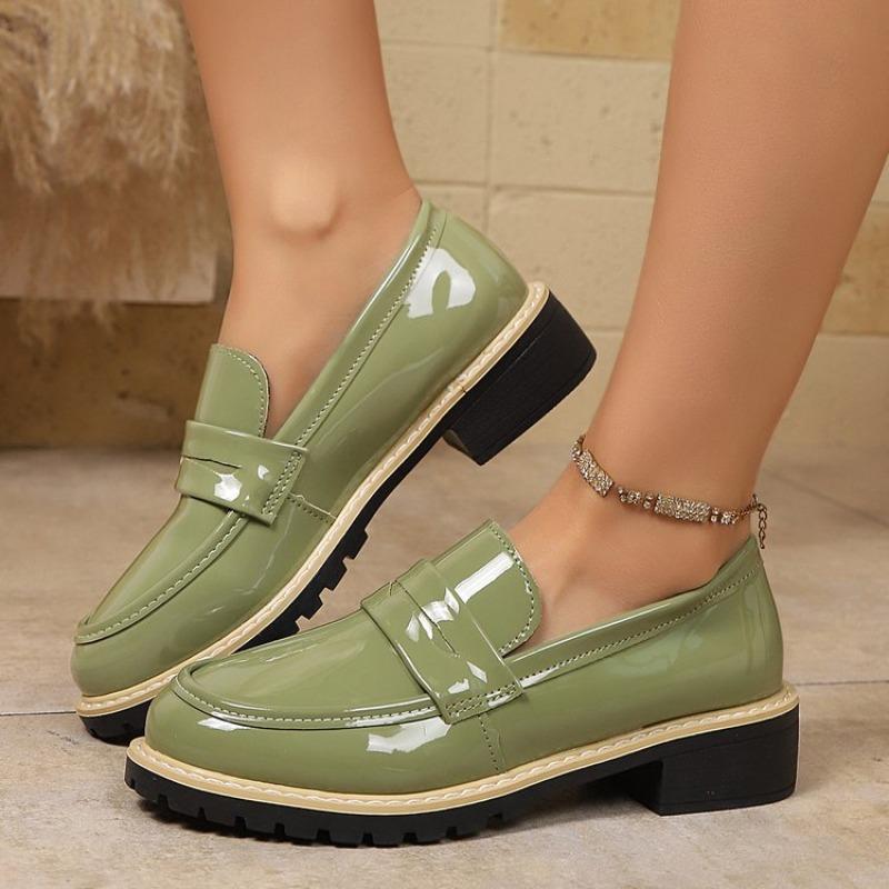 Damskie mokasyny ze skóry lakierowanej na bloku, rozmiary plus size, nowe jesienne skórzane buty w stylu brytyjskim
