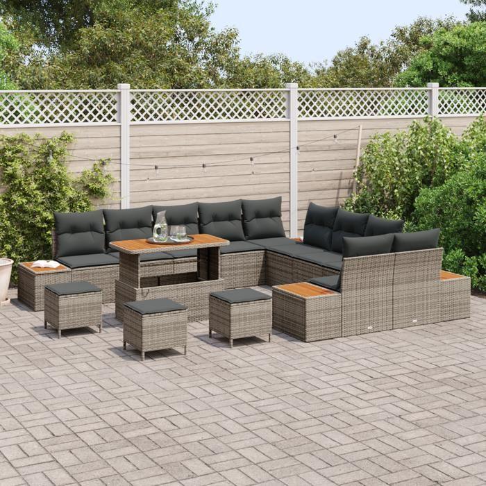 Ensemble de canapé de jardin vidaXL 14 pièces avec coussins Gris Poly Rattan Acacia, Ensemble de salle à manger de jardin 3362983