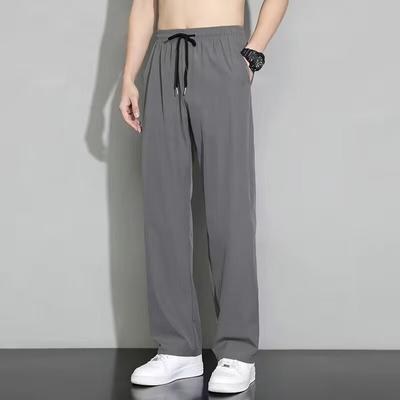 Men Sweatpants Ice Silk Smooth Drawstring Elastic Waist Straight Wide Legs Pockets Men Sports Pants Jogging Trousers