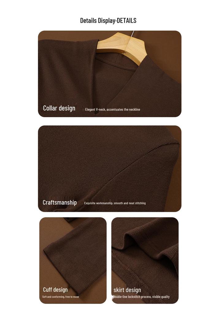 Women's Black V-neck Faux Cashmere Base Layer Top - Elegant, Slimming Autumn Outerwear for Small Suits