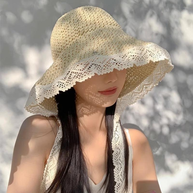 New Women'S Lace Sun Hat Wide Along The Beach Hat Summer Straw Hat Folding Sun Hat Head Women'S Beach Uv Protection Hat