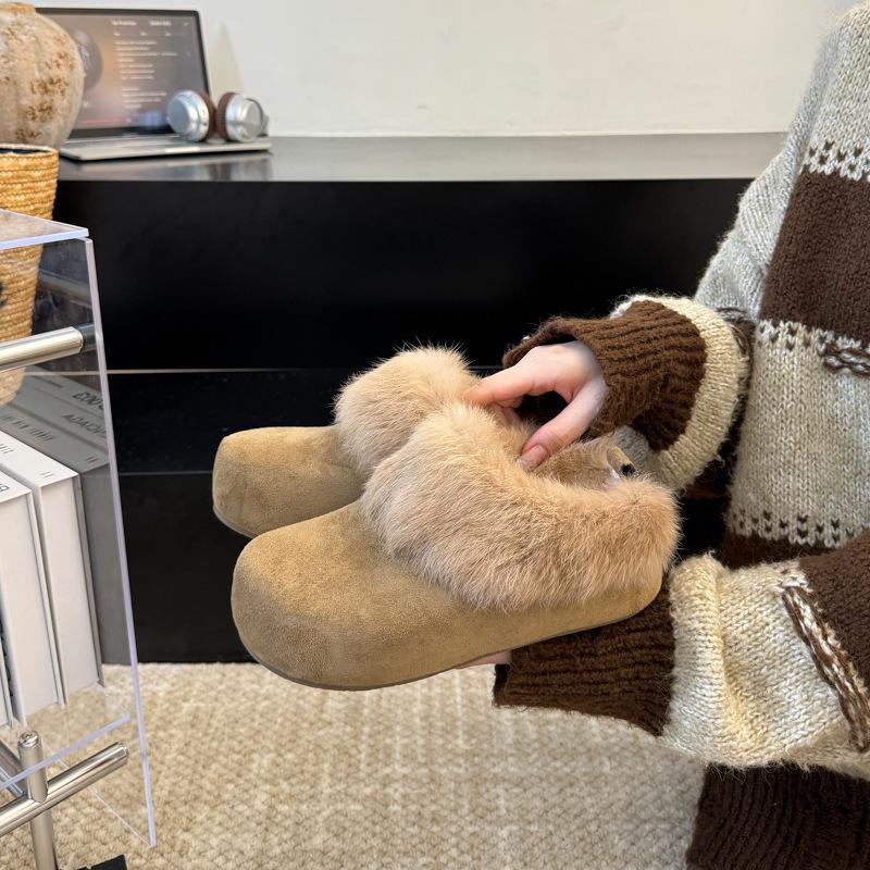 Retro velvet half-drag thick-soled heightening Birkenstocks 2025 autumn and winter new lazy people wear fluffy slippers with one foot