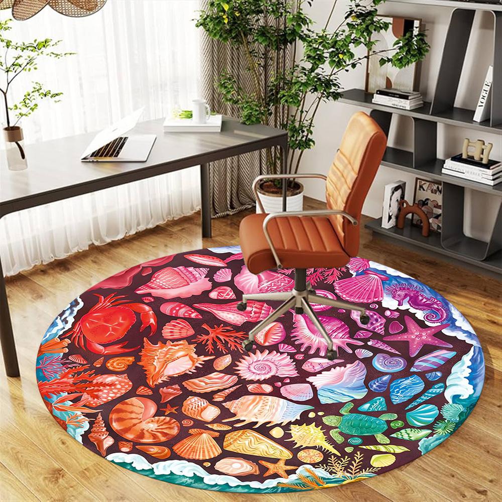 1pc Seashells, Oceanic Pattern Office Round Rugs, Under Chair Round Rugs for Living Room, Bedroom, Bathroom Decoration Carpet 091843