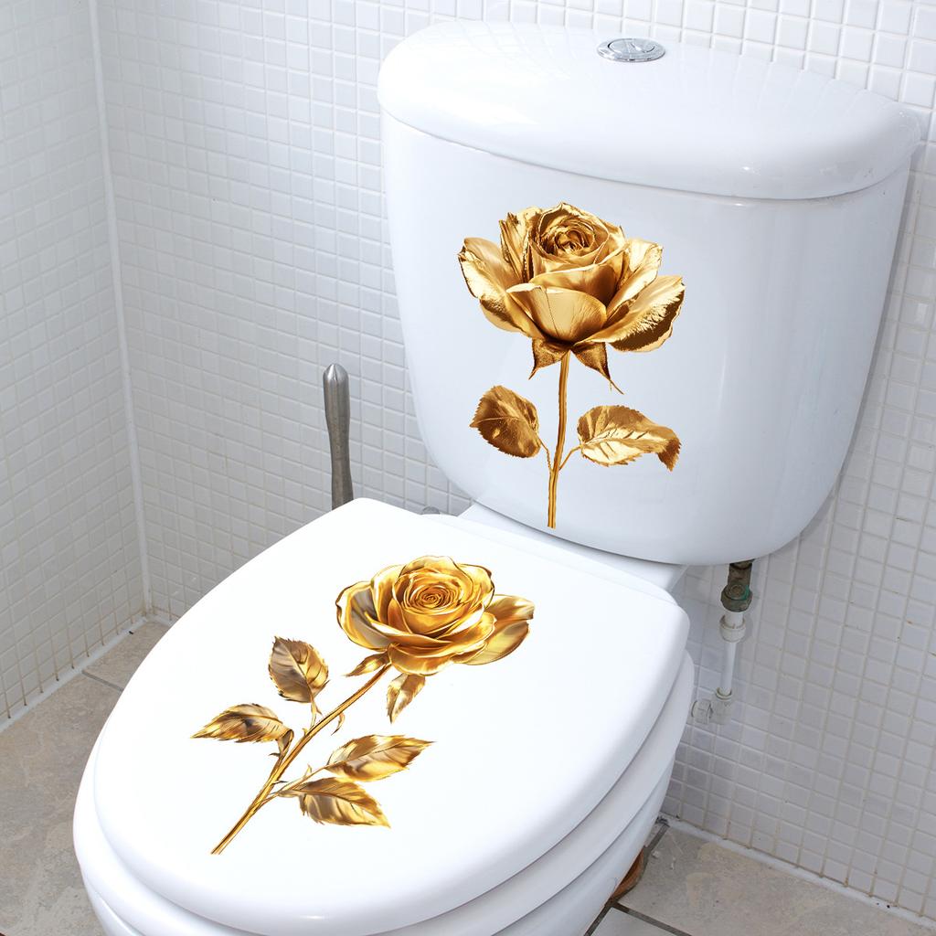 Golden Rose Toilet Seat Stickers Waterproof Self Adhesive Bathroom Decor Floral Decals Toilet Background Art Posters Decor