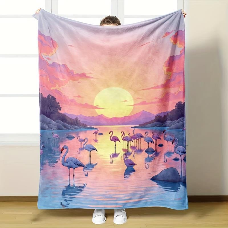 1pc Ultra-Soft & Warm All-Season Flannel Blanket - Flamingo Sunset Design In Pink, Purple, Blue Plush Bedspread for Couch, Bed