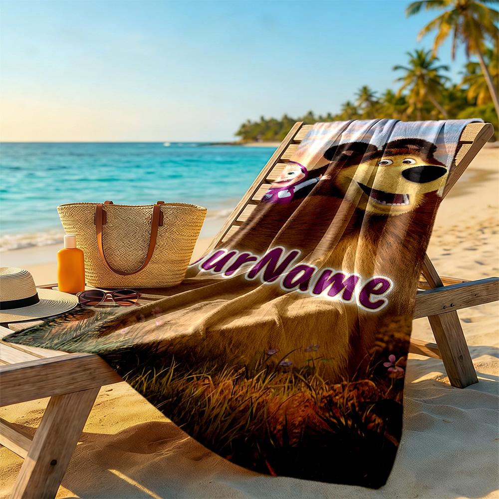 Masha Bear Personalized Text Beach Towel High Absorbency & Quick-Dry Suitable for Swimming Gym Camping Yoga Vacation