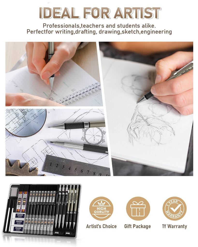 Nicpro Premium Mechanical Pencil Set and with Pencil 20 Leads and 3 Erasers Perfect for and Drawing 6-Piece (0.5, 0.7, 0.9, 2mm) Case, (6B, 4B, 2B,