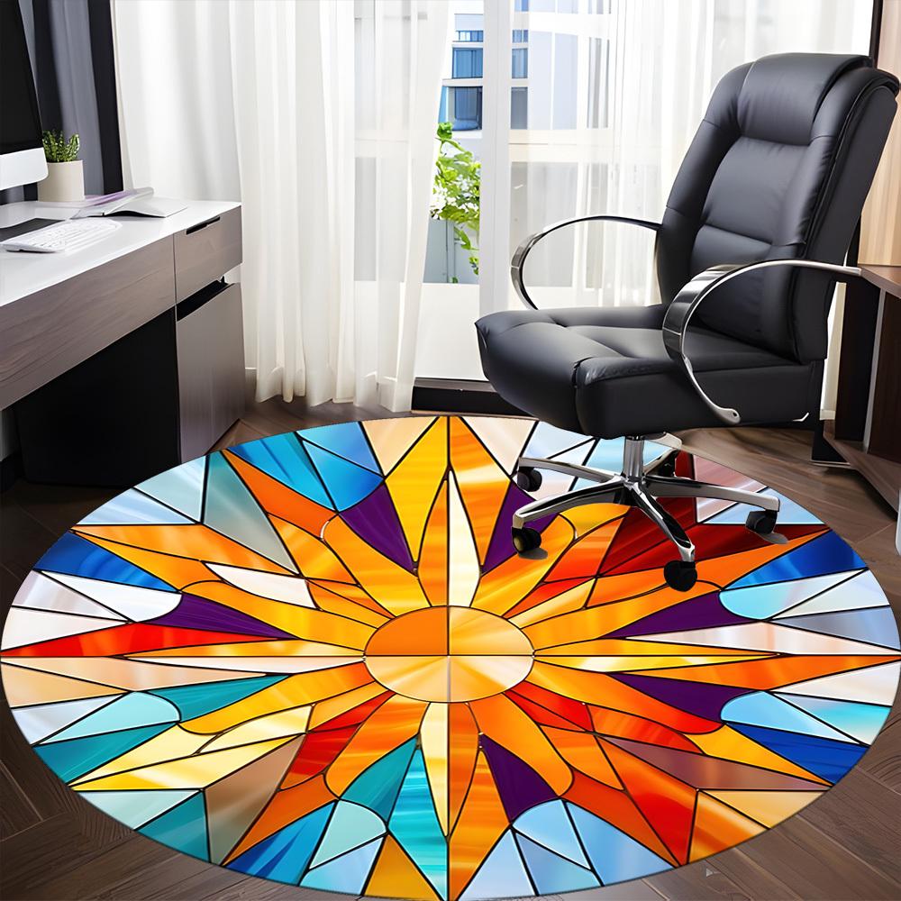 1pc Stained Glass Sunburst Office Round Area Rug, Indoor Mat Suitable ForOffice, Under Office Chairs Bedroom Living Room Home Decor, D159