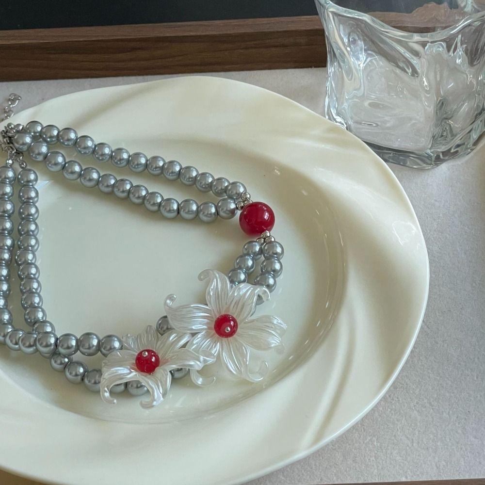 Vintage Pearl Beaded Necklace Clavicle Chain Sweet Choker Stylish Iris Flower Necklace  Beach