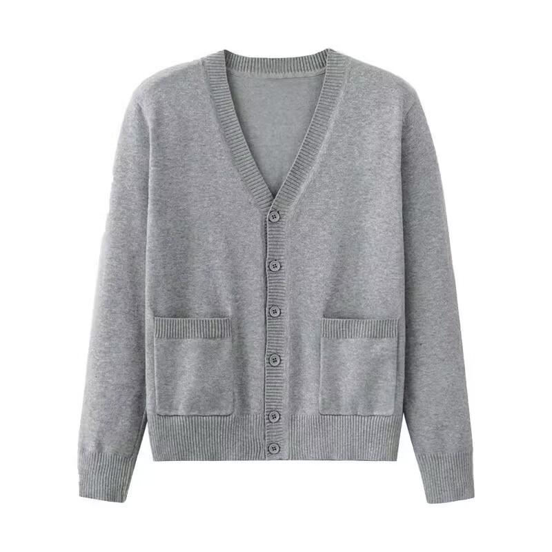 Grå College Tröja Ytterkläder Kofta JK Uniform Höst Vinter Japansk Enfärgad V-ringad Knappar Ficka Lös Tunn Långärmad Stickad