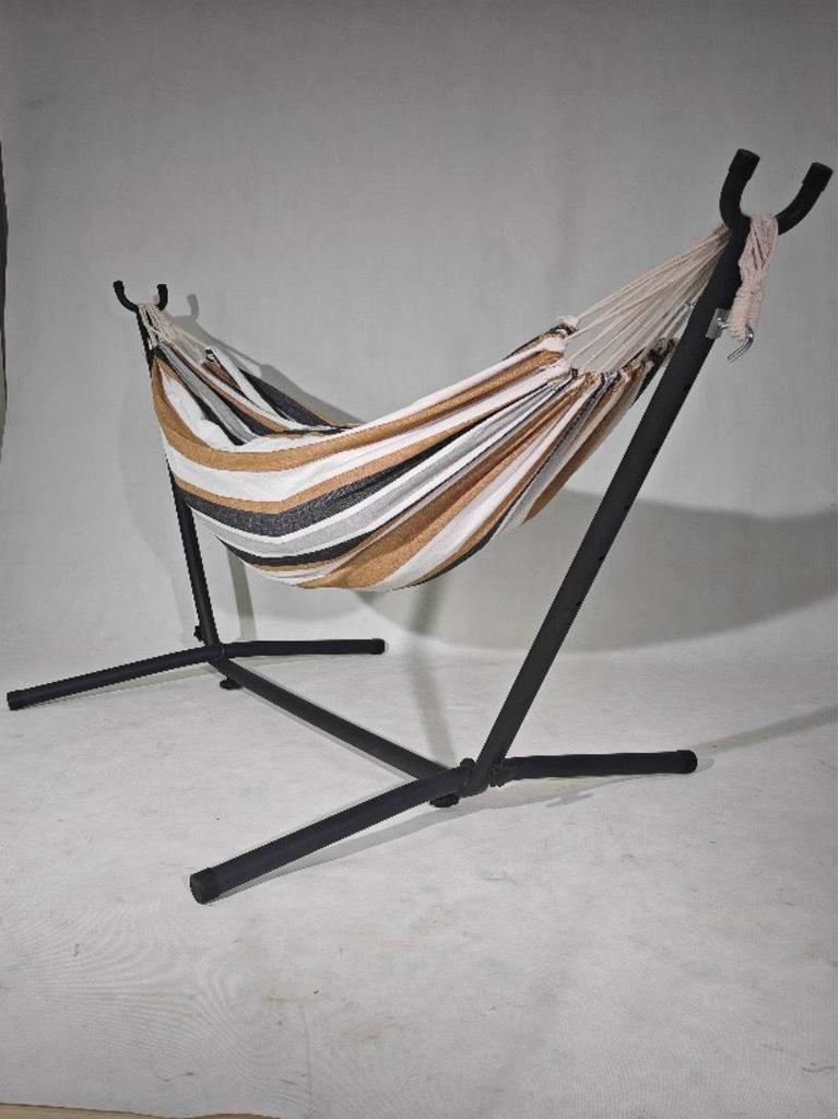 Double Horn Outdoor Camping Canvas Hammock with Iron Frame Stand