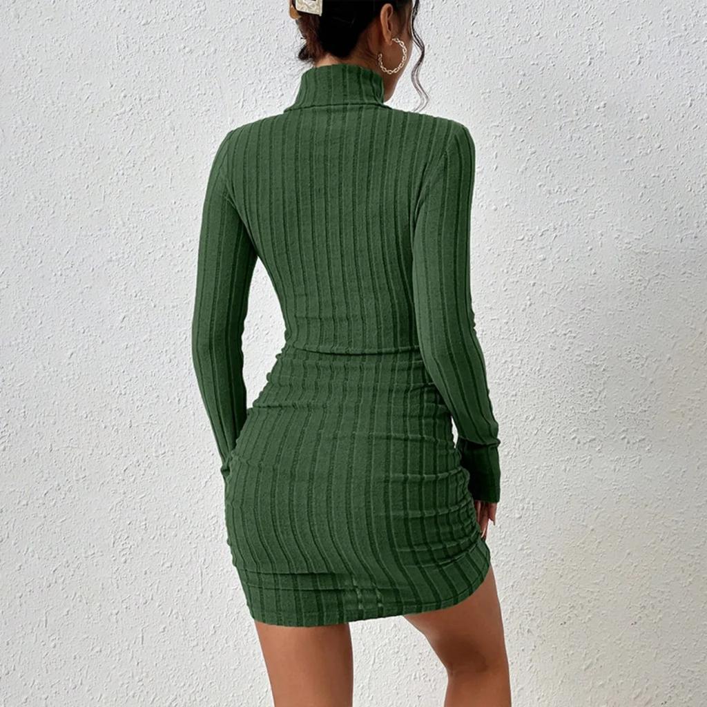 2024 Women Clothing New Solid Dresses Mini Dress Club Elegant Party Dresses Black Solid Turtleneck Long Sleeves SheathDress