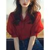 Stylish Red Puff Sleeve Blouse Women Petite Summer Casual All-match Lady Top