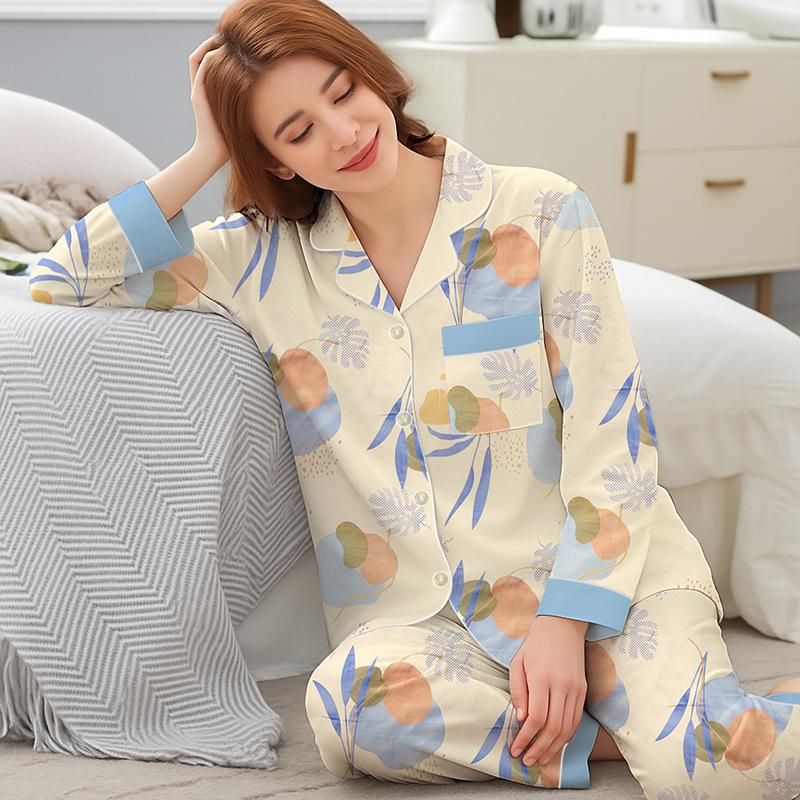 High-value Floral Pajamas Women's Spring and Autumn Imitation Cotton Long-sleeved Cardigan Medium Mother Large-size Loungewear Set