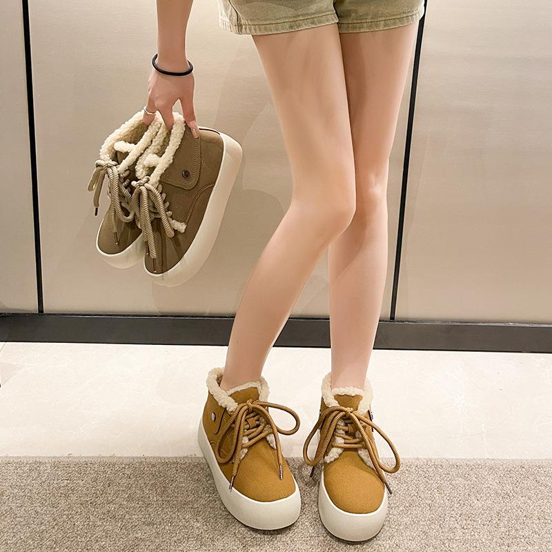 Hohe Schneestiefel Damen neue Herbst- und Winter Samt Thermische Baumwollschuhe Dicksohlige Runde Zehen Schnürung Student Lässige Baumwollstiefel