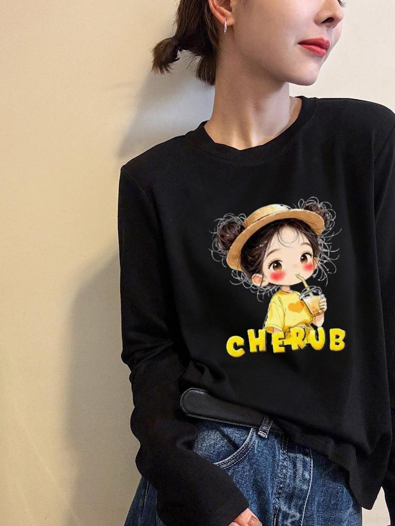 European Style Cartoon Girl Print Long Sleeve Women's T-Shirt - Autumn/Winter Base Layer Trendy Top
