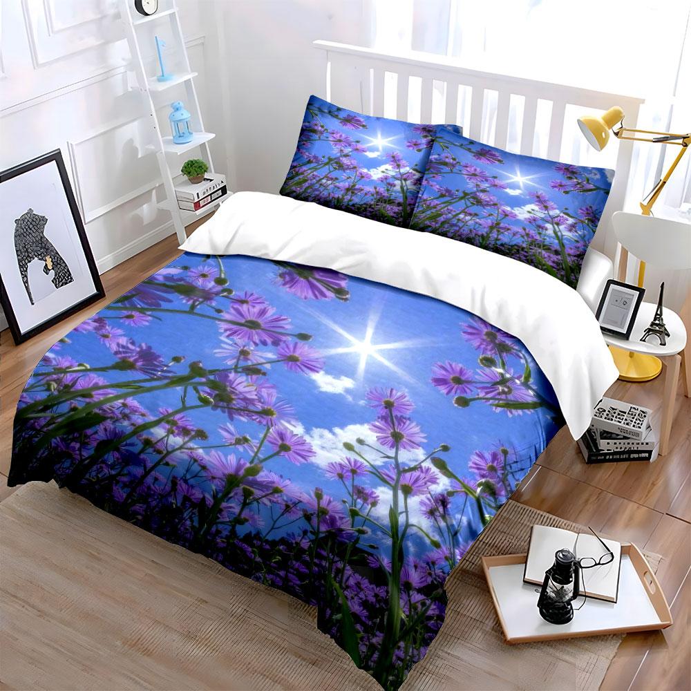 Purple Flower Field Decorative Set Bedding Set With 1 Duvet Cover 2 Pillowcases Single Double King Queen, Gift