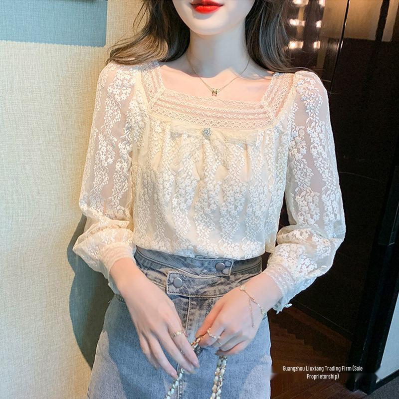 2024 Trendy Chic Women's Square Neck Chiffon Lace Top - Early Spring Style
