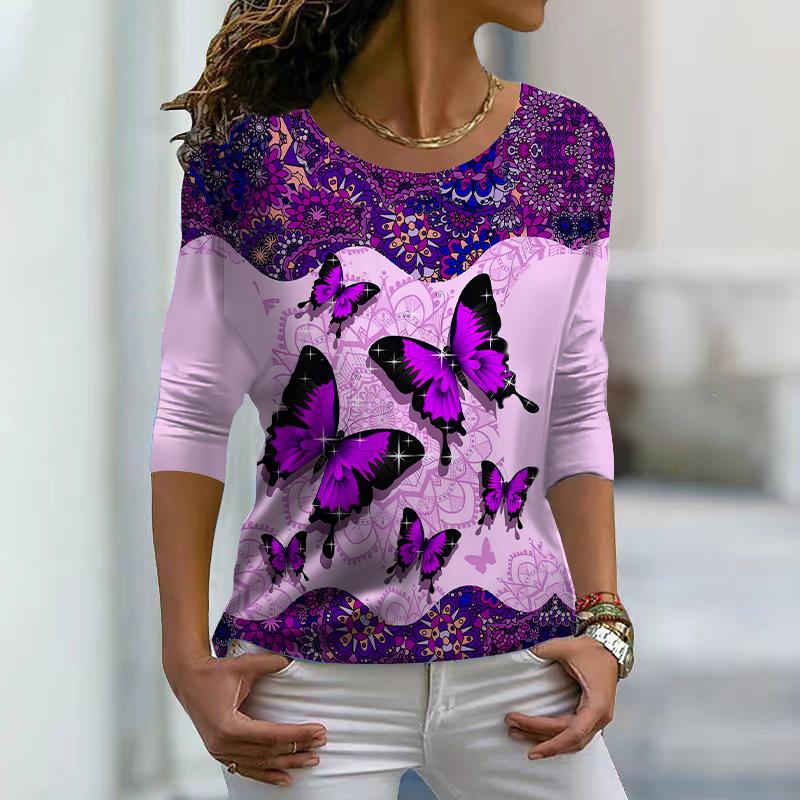 

Женские осенние топы, свободные, фиолетовые, с принтом бабочек, повседневные, с длинным рукавом, футболка, топ, блузка