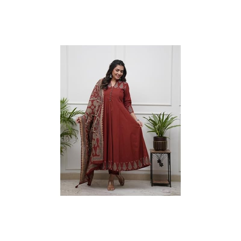 Anni Designer WomenS Rayon Viscose Anarkali Printed Kurta Pant With Dupatta (Chami MaroonVks0 Maroon XxLarge)