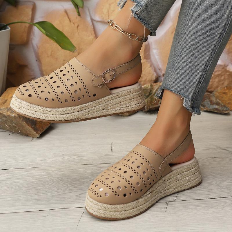 Baotou Sandals Women's Thick-soled Wedge Heel Large Size Summer New Retro Hemp Rope Hollow Women's Sandals